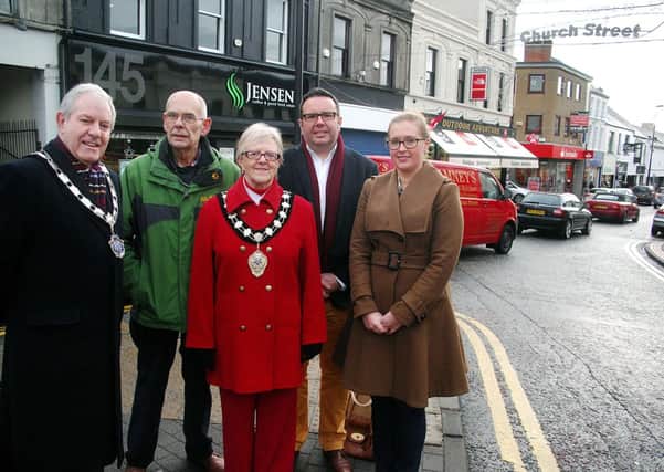 Ballymena Deputy Mayor, Cllr. James McLean, Chris Wales (Ballymena Chamber of Commerce), Ballymena Mayor, Cllr. Audrey Wales, Rodney Kernohan and Grace Gillen (Ballymena Town Centre Development) ready to showing their support for Small Business Saturday. INBT 50-901H