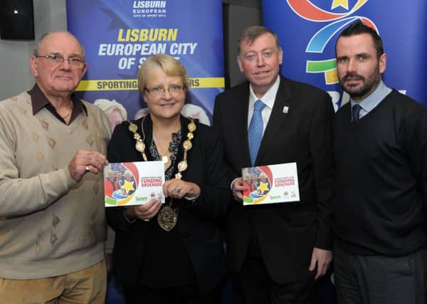 Launching the Lisburn Sports Club Funding Brochure are Stanley Hall, Chairman of Sport Lisburn; The Mayor of Lisburn, Councillor Margaret Tolerton; Chairman of the Council's Leisure Services Committee, Alderman Paul Porter and Conleth Donnelly, Development Officer, Sport Northern Ireland.