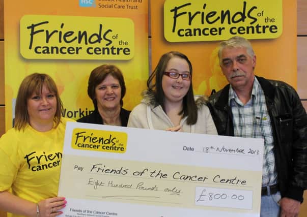 Ballymena girl Sharon Caldwell, who has recently undergone treatment at the Cancer Centre at Belfast City Hospital, celebrated her milestone 21st birthday in a very unique way - instead of asking for gifts or money for herself, she asked that family and friends make a donation to leading cancer charity Friends of the Cancer Centre. The selfless act raised an astonishing £800 and the money will be used by the charity to support other cancer patients and families across Northern Ireland. Sharon, who is pictured here with mum, Sandra and her dad, Sammy to present Centre representative Sarah Breen with a cheque for £800, says: I wanted to give something back and my birthday seemed like the perfect opportunity to raise money for Friends of the Cancer Centre.