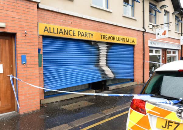 Suspected arson attack at the Alliance Party office in Lisburn, County Antrim.   A member of the public reported hearing a bang in the area at 06:00 GMT on Saturday.  It is thought that petrol was poured through the shutters of the office at Graham Gardens, but did not ignite properly. picture Mark marlow/pacemaker press