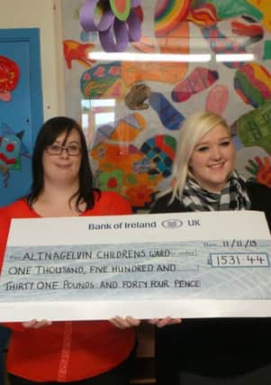 Pictured from the LegenDerry Zombie Walk group is Gina Doherty and Jackie Allardyce presenting the cheque to Cathy Grady, Hospital Play Specialist, Childrens Ward Western Trust and Elaine Pearson axillary nurse.
