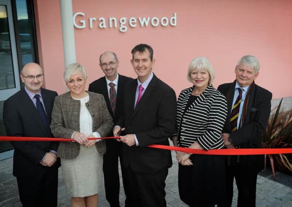 Trevor Millar, Director of Adult Mental Health and Disability Services, Western Trust; Amanda McFadden, Assistant Director, Adult Mental Health Services, Western Trust; Chairman of the Western Trust, Gerard Guckian; Minister for Health, Edwin Poots; Western Trust Chief Executive, Elaine Way and Alan Moore, Director of Strategic Capital Development, Western Trust at the official operning of Grangewood Mental Health Crisis Unit.