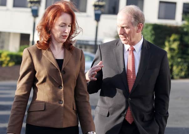 Meghan O'Sullivan and Dr Haass pictured taking a break from the meeting at the Stormont Hotel.