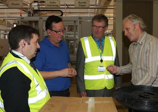 Discussing how jobs can be protected at JTI in Ballymena are, from left; North Antrim UUP MLA Robin Swann; Rodney Stewart, JTI; UUP Leader Mike Nesbitt MLA, and Derek Douglas, JTI.