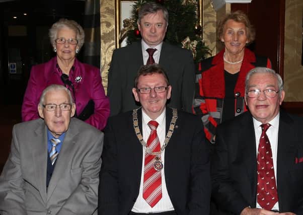Lord Bannside Dr Ian Paisley and Syd Miller who were made honourary members of Ballymena Rotary Club at a function in the Adair Arms Hotel are seen here with Baroness Paisley, Mrs Enid Miller, Rotary President John Ramsay and Adair Arms proprietor Eugene McKeever. INBT 52-121JC