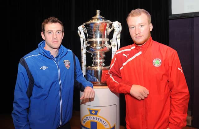 Coleraine's Gary Browne and Cliftonville's Laim Boyce pictured at the Irish Cup fifth round draw, which took place on Monday 16th December at the Grand Opera House. Photograph: Presseye.com