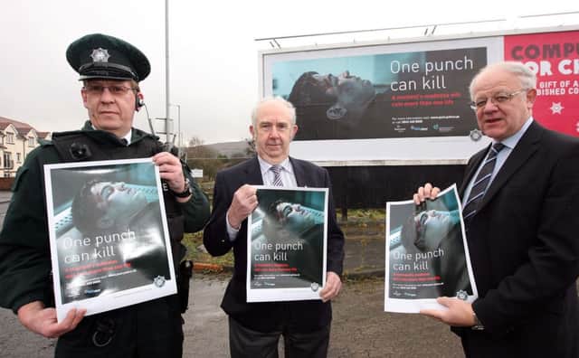 Newtownabbey Policing and Community Safety Partnership launched the 'One Punch Can Kill' awareness campaign with Constable Mark Crozier, Councillor Jim Bingham (Chairman) and Brian Mullan (Vice Chairman). INNT 52-012-FP