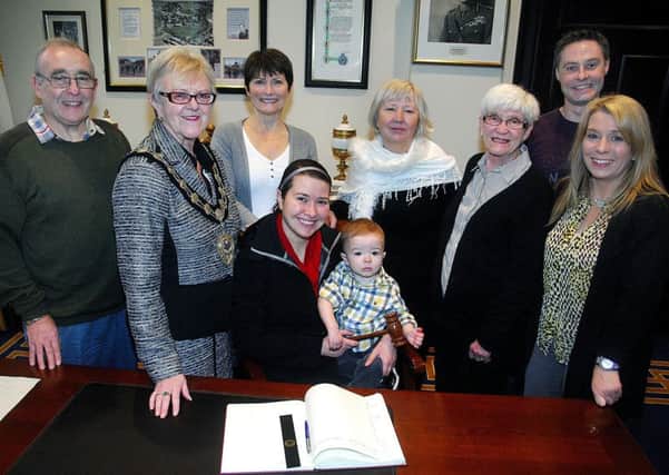 Canadian visitors Grace, Janice, Krysta and Henry .... 4 generations; who were welcomed in to the Mayors Parlour by Ballymena Mayor Audrey Wales. The family are over visiting their family and friends in Ballymena area. Looking on were Eric and Maureen McBride and Paul and Julie Frew (MLA). INBT 52-806H