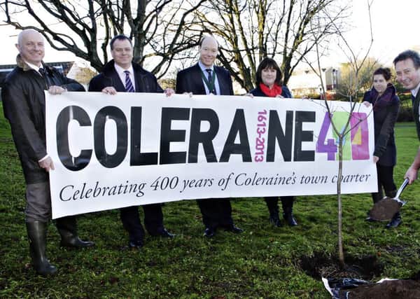 At the tree planting ceremoney in Anderson Park to celebrate Coleraine 400 Mayor Cllr David Harding pictured with from l-r Steve McCartney, Outdoor Recreation Officer, Alex Carmichael, Head of Leisure Services, Edward Montgomery, Secretary of the Honourable Irish Society, Joy Wisener, Coleraine 400 Steering Group and Sarah Carson, Coleraine Museum.