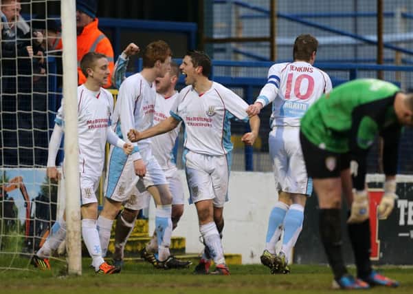 Ballymena United's players celebrate after Ally Teggart opened the scoring in the Boxing Day win at Coleraine.