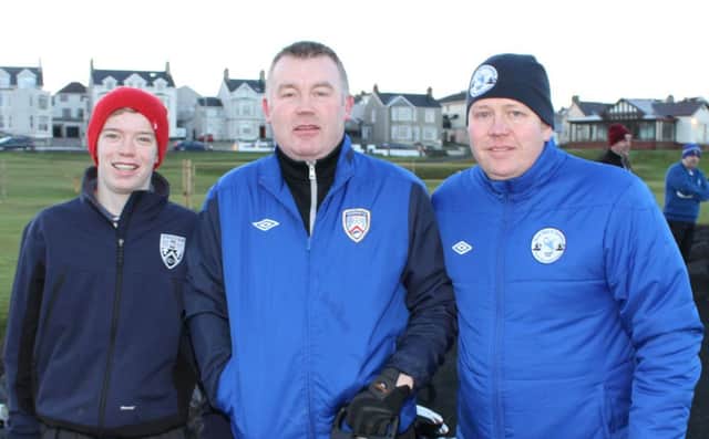 Jordan and Andy Alcorn are joined by Johnny Kirgan at the Boxing Day Coleraine FC Academy Golf outing sponsored by Dunluce Golf.
