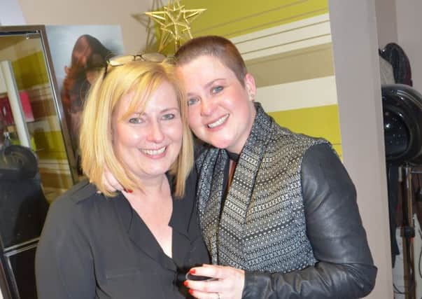 Lesley Ann McWhirter and Lynne McMullan after her head shave for Allyson Bell in Origin Hair Salon. INLT 53-345-PR