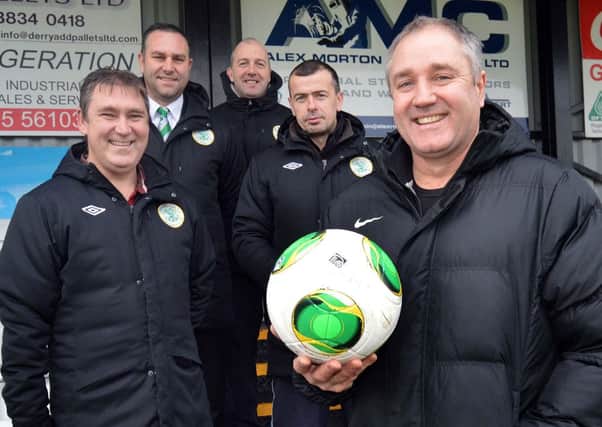 New Lurgan Celtic Manager, Colin Malone, front, with coaching staff, from left, Dixie Robinson, assistant manager, Ciaran O Kane, Tony Creaney and John Campbell, coaching team. INLM01-201