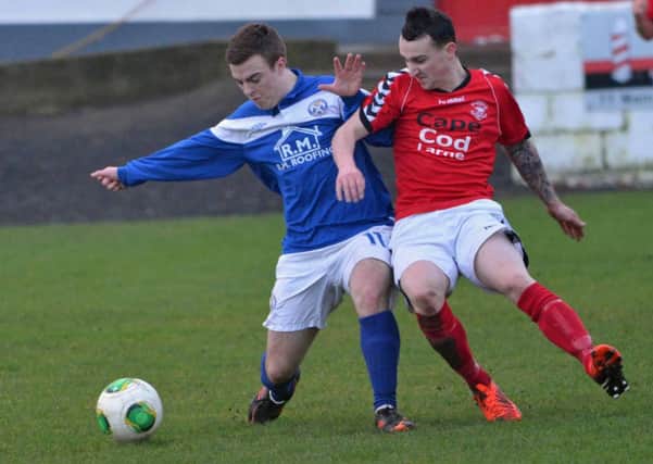 Josh McAllister in action for Larne FC in their 5-1 win over Limavady Umited. INLT 02-018-PSB