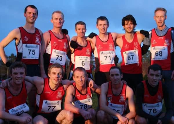 The City of Derry Spartans' winning team from Antrim Cross Country Championship. Back, left to right, John Lenehan, Gavin Stevenson, Declan Reed, Emmett McGinty, Allan Bogle, Colin Roberts. Front row, left to right, Paddy Mahon, Michael Murphy, James Brown, Aaron Doherty, JP Williamson.
