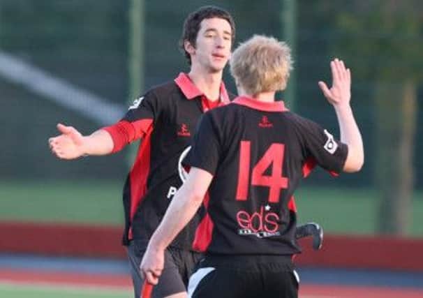 South Antrim players celebrate a goal during their match against North Down, at Friends. US1402-555cd