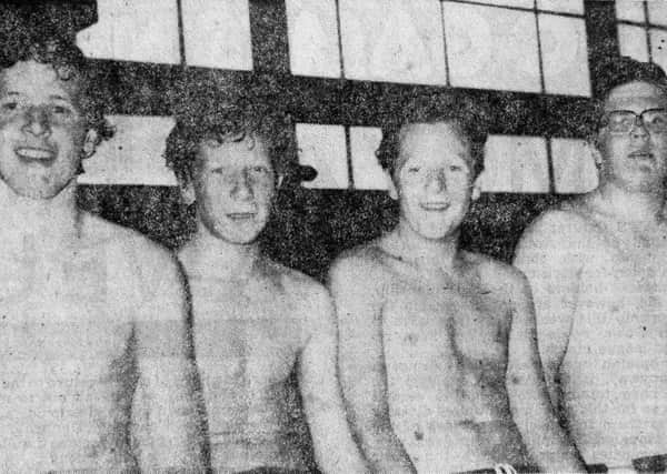 1979 - Ballymena Swimming Club's relay team, winners of the senior boys under 15 relay event at the Ulster Branch Irish Amateur Swimming Association Speedo Novice Gala held at the Seven Towers Swimming pool. From left: Alex Bonar, Jonathan Wylie, Alan McGall and Bernard Rhodes. INBT51-759F