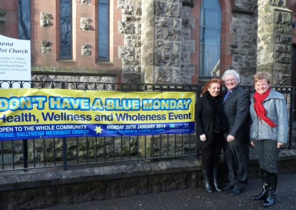 (L-R) Pearl Mitchel, Jackie Fullerton and Rev Maureen Morrow of Ballymena Methodist Church pictured outside the church where a 'Don't Have a Blue Monday Health, Well being and Wholeness event is being held on Monday , January 20, from. 10am -12.30pm and 1.15pm to 3.15pm which is open to all.