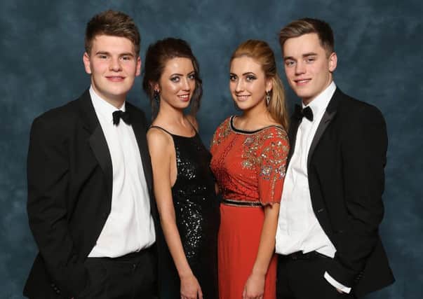 David Farquhar, Chloe Kernohan, Jamie O'Hara and Calvin Kernoghan at the Cambridge House Grammar School formal in Galgorm Resort & Spa.