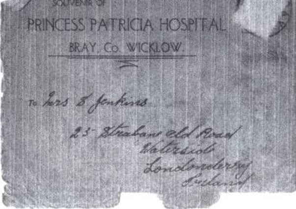 The cover of the postcard Samuel Jenkins used to send his picture from the Princess Patricia Hospital in County Wicklow where he was treated for injuries sustained during the war