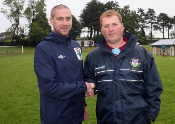 Gareth Montgomery (pictured on the left) has resigned as manager of Glebe Rangers. This picture was taken in the summer when he was welcomed to the club by Chairman, Davy John McBride. INBM28-13 104L