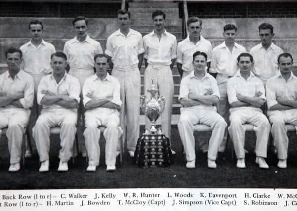 Tom McCloy, pictured in the front row, third from left, was the Captain of Lisburn Cricket Club when they won the Northern Cricket Union of Ireland Senior Challenge Cup in 1955. Back row (l to r) - C. Walker, J. Kelly, W.R. Hunter, L. Woods, K. Davenport, H. Clarke and W. McCloy. Front row (l to r) - H. Martin, J. Bowden, T. McCloy (Capt), J. Simpson (Vice Capt), S. Robinson and J. Corken Jnr.