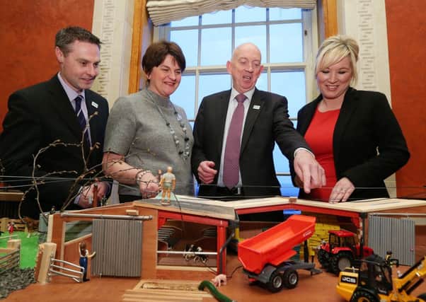 Pictured at a event at Parliament Buildings  to highlight the importance of farm safety are, from left to right, Assembly Committee for Agriculture and Rural Development Chairperson, Paul Frew MLA; Enterprise Minister Arlene Foster; George Lucas, HSENI Chairman and Agriculture Minister Michelle O'Neill.

Organised by the Agriculture and Rural Development Committee and the Farm Safety Partnership, the event included demonstrations around the Stop and Think SAFE campaign and an information session for the farming community. Press Eye - Belfast - Northern Ireland  -14th January 2014 - 

Picture by Kelvin Boyes / Press Eye.

Press Release image