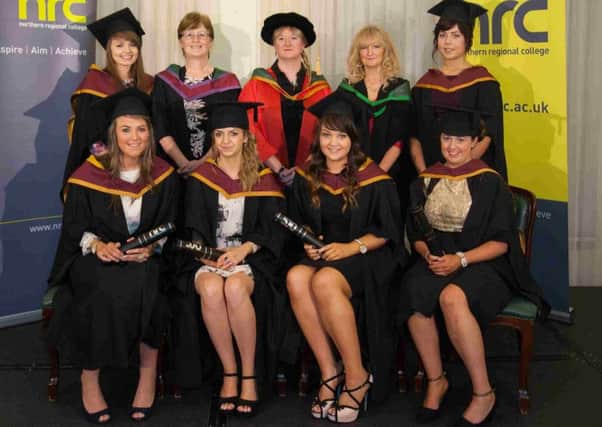 Graduating in Level 4 Higher Professional Diploma in Early Years were back row, Graduates Joanne Gallagher and Lauren Elliott with NRC Lecturers Phyllis McAuley, Dr Brenda McKay-Redmond and Anne Hutchinson, front row Graduates Fiona Devlin, Suzanne Cubitt, Aideen Brogan and Emma Brown. INBT 03- NRC 4.