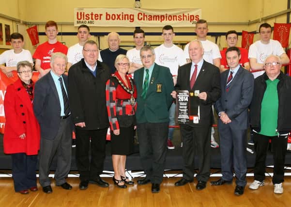Officials, guests and boxers pictured at Braid Boxing Club for the launch of the 2014 Ulster Elite Boxing Championships. INBT04-210AC