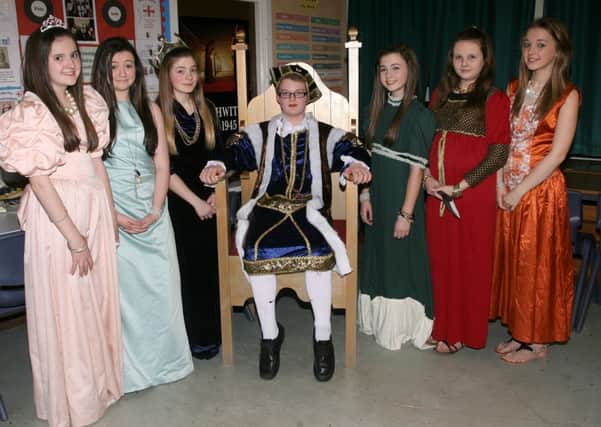 Cullybackey College students portraying Henry the 8th and his six wives at the schools open night. INBT04-202AC