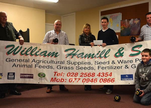 Laura Hamill, of William Hamill and Sons General Merchant, is pictured presenting sponsorship for the forthcoming Buckna Presbyterian Church Singles Bowls tournament to Hugh White (Club Treasurer). Included are Allistair McCaw (Club Secretary), Matthew and Tommy Hamill, and Robert Black (Club Captain).