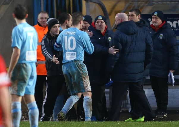 Ballymena's Tony Kane and  Allan Jenkins exchange views with Linfield's David Jeffrey after Kane was sent off during Saturdays Danske Bank Premiership game at the Showgrounds. Picture: Press Eye.
