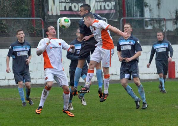 Carrick Rangers in action against Lisburn Distillery at Inver Park. INLT 04-012-PSB