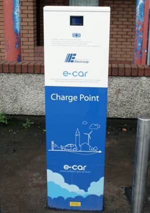 FIRST CHARGE. One of the first e-car charge points to be installed in Ballymoney. It is situated near the entrance at Townhead Carpark.INBM7-13 017SC.