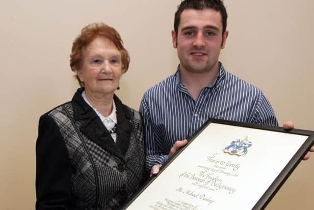 HE'S JUST GRAN. Michael Dunlop pictured with his granny May Dunlop on Friday at the Town Hall. Picture by Sammy McMullan.INBM4-14 038SC.