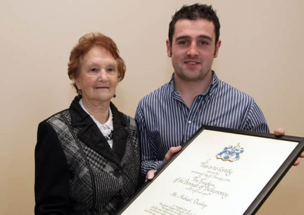HE'S JUST GRAN. Michael Dunlop pictured with his granny May Dunlop on Friday at the Town Hall. Picture by Sammy McMullan.INBM4-14 038SC.