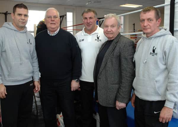 Officials ringside at Sunday's boxing tournament hosted by Rochesters A.B.C., from left, Nigel Hagon, club coach, Glen Barr, Gary Martin, club coach, Peter O'Donnell, Donegal County Boxing Board president and Martyn Mancini, club coach.