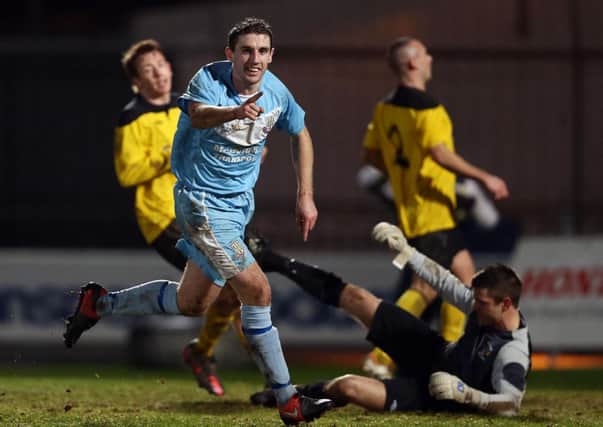 Ballymena's Gary Thompson celebrates scoring against H&W Welders during Tuesday nights Irish Cup fifth round replay at the Showgrounds. Press Eye.