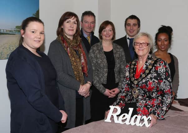 Mayor of Ballymena Cllr Audrey Wales who officially opened the Coach House Relaxation & Wellbeing Centre in Kells/Connor is seen here in one of the relaxation rooms with  managing director Shirley Penney, staff members Lisa (left), Victoria (right), Jane and Luke plus  local councillor William McCaughey. INBT 05-101JC