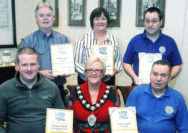 Ballymena Mayor Audrey Wales presented "Loo of the Year 2014"awards at the Braid Arts Centre to council workers John Lorimer, Christine Bulter, Rodney Mooney, Declan Casey and Leslie Smilie. INBT 05-802H