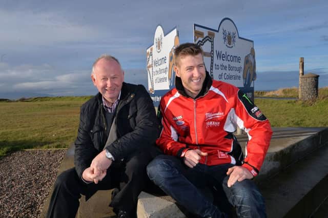 PACEMAKER, BELFAST, 19/1/2014: Milwaukee Yamaha star Ian Hutchinson visited the Vauxhall International North West 200 course, meeting Event Director Mervyn Whyte and inspecting the 8.9 mile course before he races there on May 17.
PICTURE BY STEPHEN DAVISON