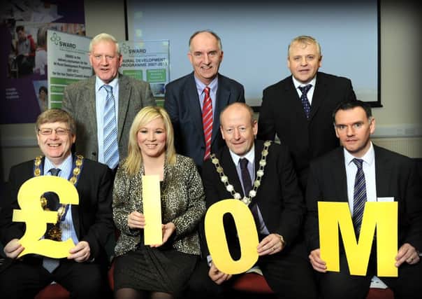 Attending the SWARD (South West Action for Rural Development) £10m Milestone Celebration were (from left) Seated: Cookstown Council chairman Pearse McAleer, Michelle O'Neill, Minister for Agriculture and Rural Development, Sean McGuigan, Mayor of Dungannon and South Tyrone Borough Council and Eamon Gallogly, SWARD Programme manager. Back Row: Cookstown councillor Sean Clarke, cllr. Trevor Wilson, chair of the SWARD Joint Council Committee and Conor Corr, chair of the SWARD Local Action Group. INTT0514-163ar.