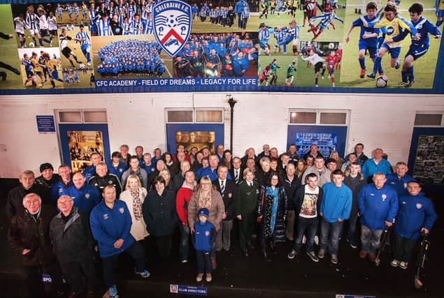 Representatives of Community bodies involved in producing Coleraine FC's impressive art work "Field of Dreams" and Players from the 1968-69 "Six Trophies" side who performed the official unveiling.