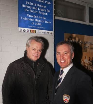 Artist Ross Wilson and Coleraine Football Club Chairman Colin McKendry pictured at the launch of "Field of Dreams" - an artwork featuring a 46' mural representing the past present and future of the club within the community.