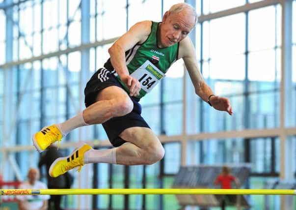 Frank Stewart pictured in action in the High Jump competition at the Irish Masters Indoor Track and Field Championships in Athlone.