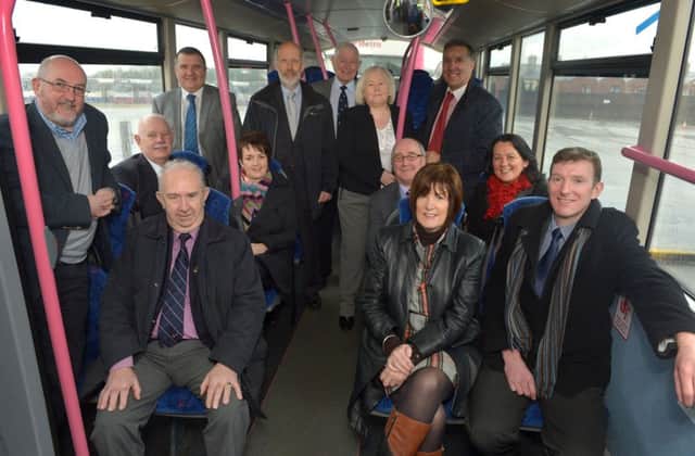 Pictured during Translinks passenger transport update at Newtownabbey bus depot are: (front row l-r) Michael Goodman, Cllr Jim Bingham, Cllr Noreen McClelland and Damian Bannon, Translink Service Delivery Manager; (middle row l-r), Frank Moore, Translink NI Railways Route Manager, Pam Cameron MLA, Gerry Mullan, Translink Service Delivery Manager and Paula Bradley MLA; (back row l-r) Sam Todd, Translink Service Delivery Manager, David Ford MLA, Cllr Pat McCudden, Cllr Lynn Frazer and Paul Girvan MLA. Pic by Aaron McCracken/Harrisons