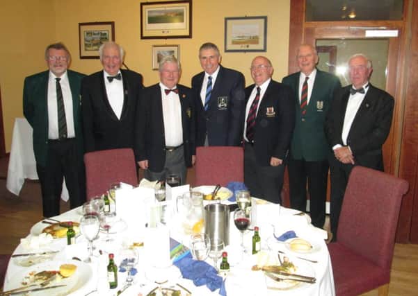 The Captains table at Dunmurry Golf Club dinner from left: Peter Cairns (Captain, Lisburn). Peter Sinclair (Chairman. Ulster Branch GUI), Brian OConnor (Captain, Hermitage), Lawrence Patterson (Captain, Dunmurry), Brendan Cleary (Captain, Dundalk), Tony Shepherd (Captain, Balmoral), and Ivor McCandless (President GUI), who attended the Dunmurry Golf Club Dinner.