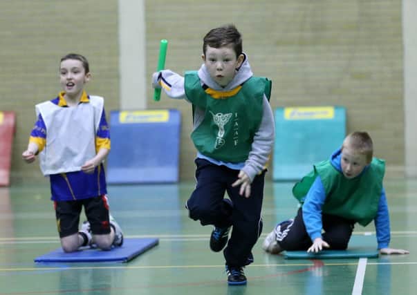 Aidan McGarry of St Colmcille's Primary School in action during the Ulster Sportshall Athletics Championships at NRC, Farm Lodge Campus. INBT 05-175CS