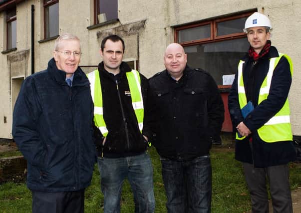 DEVELOP. MLA Gregory Campbell and Adrian McQuillan visited Phase one of a redevelopment of homes in Ballysally on Friday, with Mathew McLaughlin, Project Co-ordinator Oaklee Homes and James Dixon, of Dixons Contractors.CR6-151SC.