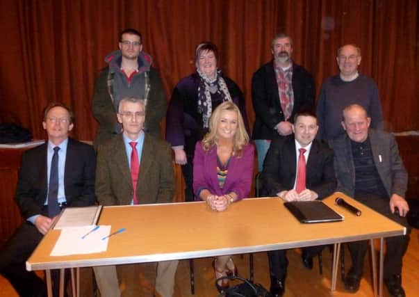 Attending the open Single Farm Payment meeting were front row l to r: Mervyn Johnston DARD, Dr Richard Crowe DARD, Chair Jo-Anne Dobson MLA, Host Robin Swann MLA, Kevin McCauley and back row l to r Andrew Wright, Derek Torrens, Cllr Sandra Hunter and Sam Coleman, Merchant.